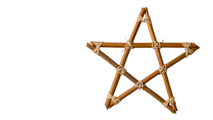 Pentagram made of natural sticks, held together with twine, on a transparent background.