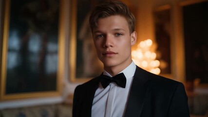 Young butler expressing nervous anticipation before major royal banquet, emotion of excitement mixed with anxiety, symbolizing early career moments and emotional growth within elite service