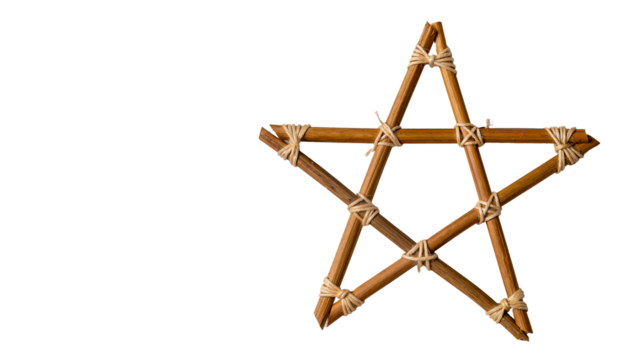 Pentagram made of natural sticks, held together with twine, on a transparent background.