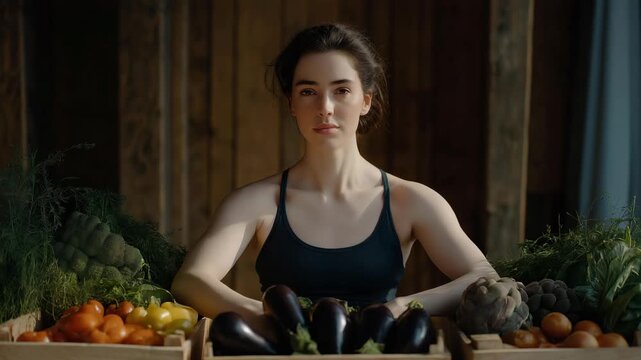 Yoga studio session with Indian instructor arranging fenugreek and eggplant in wooden crates for post-class snacks, mindful organic farming, zen vegetable arrangement, sustainable wellness harvest,