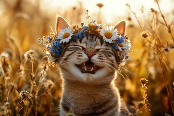 Cute adult cat oriental shorthair wearing savage flower crown on its head. Sunny days happiness. Golden hour in sunset. Cute kittenâ€™s radiant summer glow. Bright summer portrait of a cat.
