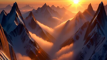 Majestic mountain peaks illuminated by a golden sunrise with drifting fog and sharp snowy ridges in a cinematic 3D landscape illustration, ideal for nature backgrounds - Powered by Adobe