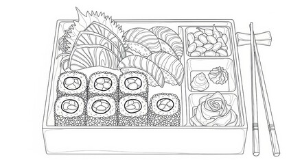 Fototapeta premium Detailed line art illustration showcasing a delectable bento box filled with sushi and traditional