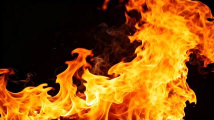 Realistic Orange Fire Flame Burning Effect Isolated on Black Background.