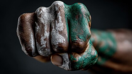 Man shows fist painted with Nigeria flag colors closeup, symbolizing national pride and patriotism for Nigeria