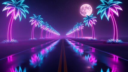 Glowing neon palm trees lining a futuristic highway under a full moon in a seamless 3D animation loop, embodying 80s synthwave aesthetics for retro backgrounds - Powered by Adobe