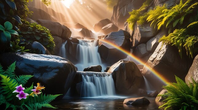 A summer waterfall cascading down rugged rock formations surrounded by lush deep green foliage with varying textures and shades, warm sunlight streaming through the mist. - Powered by Adobe