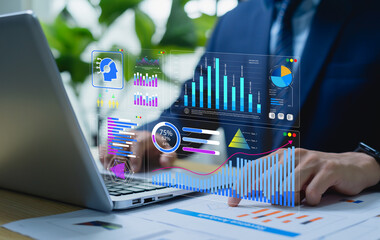 Data analysis dashboard concept, business operations manager reviewing key performance indicators (KPIs) for strategic decision-making, performance monitoring and process optimization.