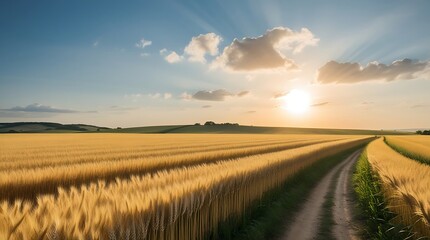 Obraz premium A summer wheat field stretching to the horizon under a clear blue sky with a few puffy white clouds, warm orange sunlight casting a gentle glow, a soft breeze creating subtle waves.
