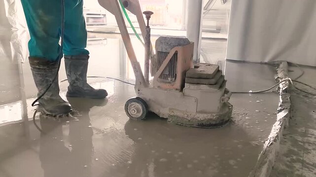A close-up of a concrete grinder leveling a floor with a thick layer of water to prevent the concrete from overheating.