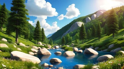 Mountain valley in peak summer with a lush green forest featuring dense foliage and tall trees, a clear blue river flowing gently through large rocks and boulders, under a bright sky.