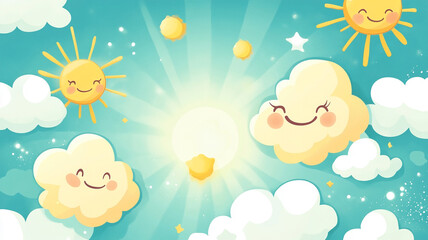 Cute, cartoon background of happy smiling clouds and suns shining brightly in a cheerful aqua blue sky with sparkling light rays.