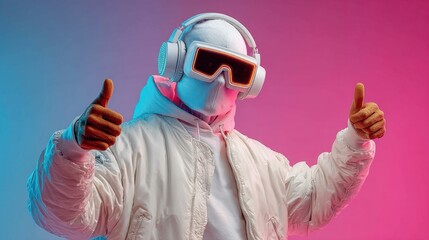 Futuristic dj wearing virtual reality glasses gives thumbs up, headlining party and playing music