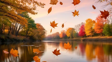 A autumn river with delicately floating leaves in shades of amber and gold, a warm soft sky with hues of peach and lavender, reflections of vibrant colorful trees with branches stretching.