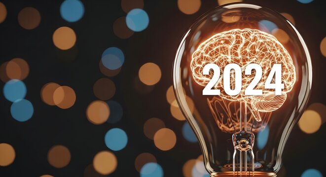 Illuminated Brain in Lightbulb with 2024 Year Symbolizing New Ideas and Innovation.