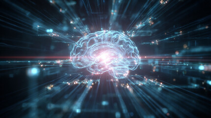 Digital Brain. A glowing, digital brain emitting light, set in a futuristic