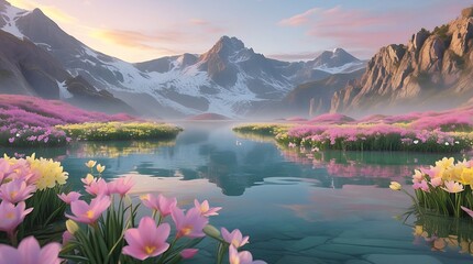 Photo of a serene Clear mountain lake surrounded by vibrant blooming spring flowers with delicate petals in shades of pink and yellow, calm reflective water mirroring the surrounding.