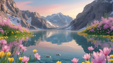 A professional photo of a serene Clear mountain lake surrounded by vibrant blooming spring flowers with delicate petals in shades of pink and yellow, calm reflective water mirroring the surrounding.