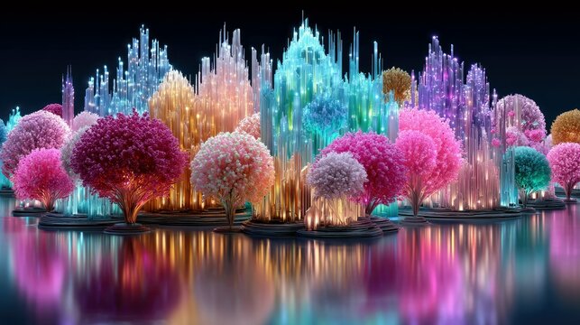 A surreal landscape featuring brightly colored, luminous trees and tall, translucent crystal structures, all reflected in a dark, glossy surface.