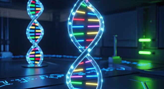 Genetic Engineering Double Helix DNA Strand in Laboratory Setting Future Medical Technology and Scientific Research Development with Chromosome Model on Dark Background