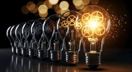 Illuminated Light Bulb with Gears Symbolizing Innovation and Ideas.