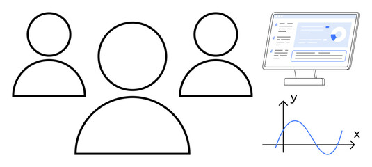 Three user icons represent teamwork and collaboration, a computer screen displays data for monitoring and security, and a graph illustrates data analysis. Ideal for productivity, analytics