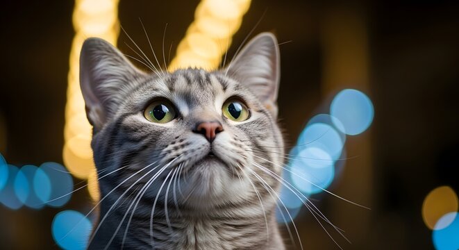 Silver tabby cat looking up with bokeh lights in the background