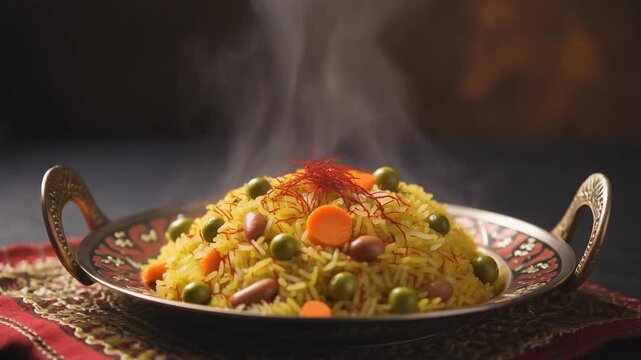 Vegetable biryani with mixed vegetables (peas, carrots, beans) on a decorative platter, aromatic steam gently rising, and rice grains separated with saffron streaks.
