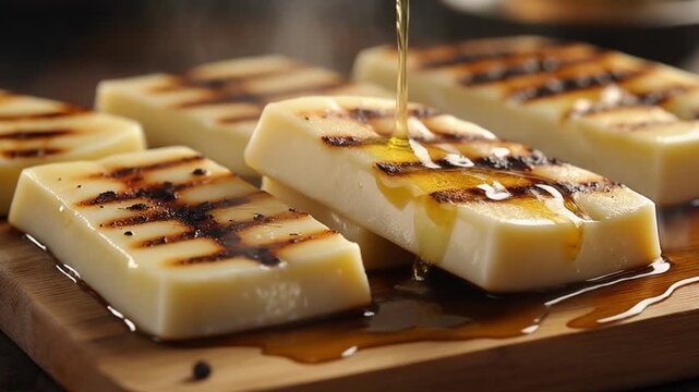 Grilled halloumi cheese slices on a wooden board, char marks visible, shiny oil drops, and steam or warmth reflecting from the hot cheese.