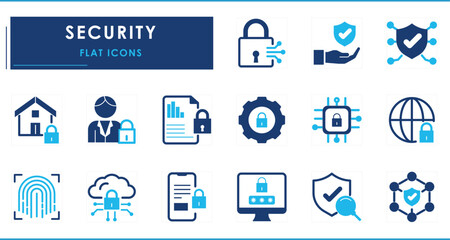 A set of flat icons related to Security. Data, home, digital, encrypt, fingerprint, document, cloud data, smartphone, shield, network, and so on.