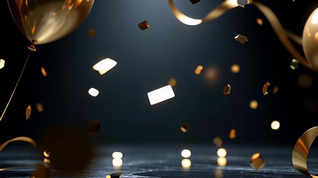 Elegant black and gold balloons floating amidst falling metallic confetti and ribbons in a cinematic 3D animation, creating a festive background for luxury birthday, award, or New Year celebrations