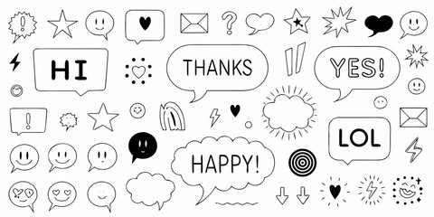 Hand drawn speech bubbles and icons with positive messages