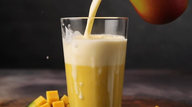 Mango lassi being poured into a glass, creamy yogurt-mango mixture swirling, smooth tendrils forming, and condensation forming on the outside of the glass.