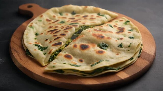 Vegetable samak (fish-shaped bread, or alternatively falafel shaped) use spinach-paneer stuffed paratha: spinach-paneer paratha circle on a wooden board, golden