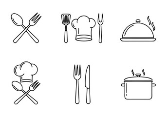 Diverse vector collection of kitchen and restaurant essentials, showcasing cooking utensils, chef's hat, and dining tools in a sleek line art style