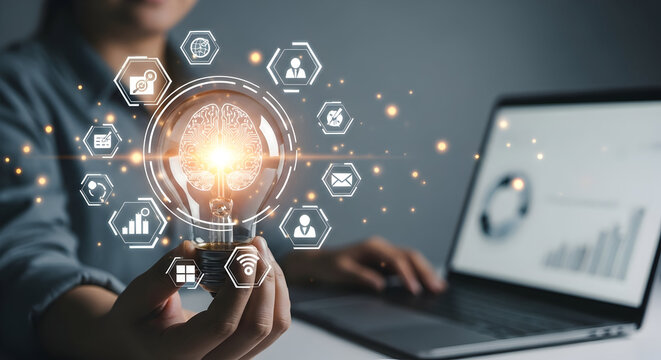 Innovative Business Idea Lightbulb with Digital Network Connections.