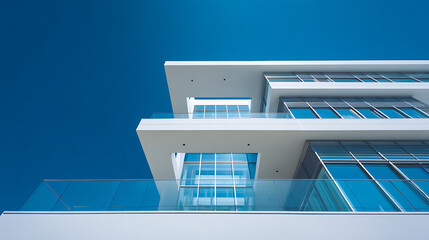 Modern white building with glass balconies and blue sky architecture