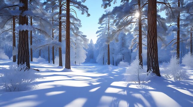 A photograph of a snow-covered pine forest bathed in bright winter sunlight, with crisp blue shadows stretching across the forest floor. - Powered by Adobe