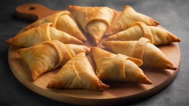 Vegetable samosa turnovers arranged in a circle on a wooden board, golden pastry crust showing texture cracks, subtle steam escaping when one slightly shifts.