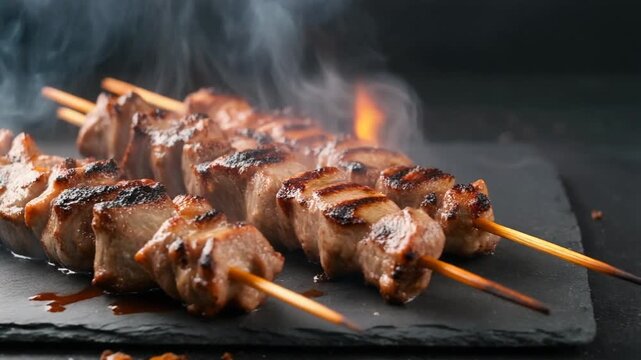 Lamb kebab skewers resting on a stone plate, charred grill marks visible, thin wisps of smoke curling upward, and meat juices glistening in the light.