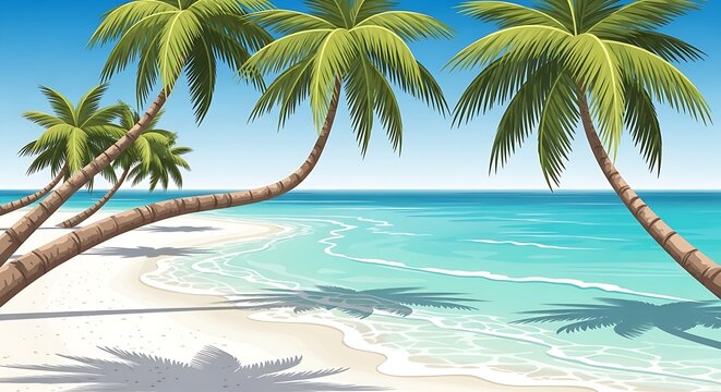 serene tropical beach with turquoise waves, white sand, and several leaning palm trees casting soft shadows along the shoreline.