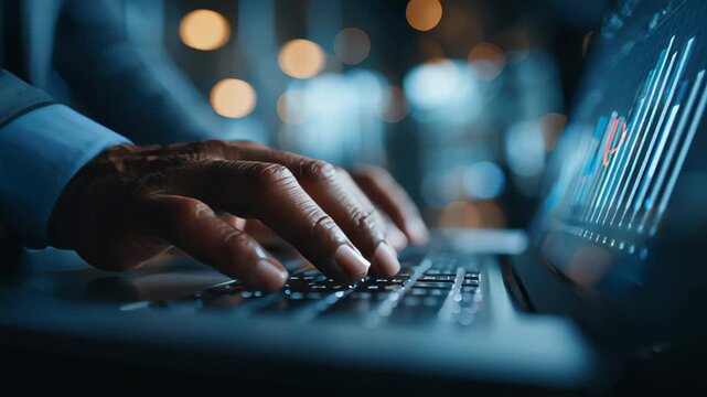 Businessman uses capable laptop computer to analyse business data analytic for marketing strategy and customer relationship management