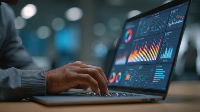 Businessman uses capable laptop computer to analyse business data analytic for marketing strategy and customer relationship management