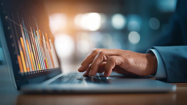 Businessman uses capable laptop computer to analyse business data analytic for marketing strategy and customer relationship management