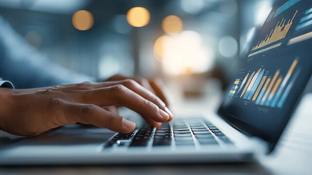 Businessman uses capable laptop computer to analyse business data analytic for marketing strategy and customer relationship management