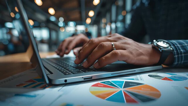 Businessman uses capable laptop computer to analyse business data analytic for marketing strategy and customer relationship management