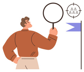 Man inspects target with a magnifying glass near flag symbolizing goals, strategy, and focus. Ideal for concepts thumbs up leadership, vision, problem-solving, research, productivity and planning. A