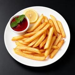 Indulge in golden french fries with fresh lemon and ketchup for a tasty treat