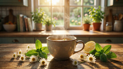 A steaming cup of herbal tea with fresh mint and lemon on a wooden table, perfect for a cozy morning or relaxation scene.