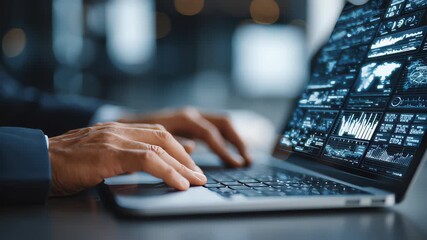 Businessman uses capable laptop computer to analyse business data analytic for marketing strategy and customer relationship management - Powered by Adobe